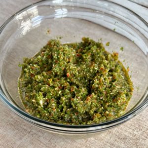 chopped sofrito ingredients in a bowl