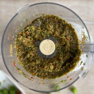 Finely chopped sofrito ingredients in the food processor