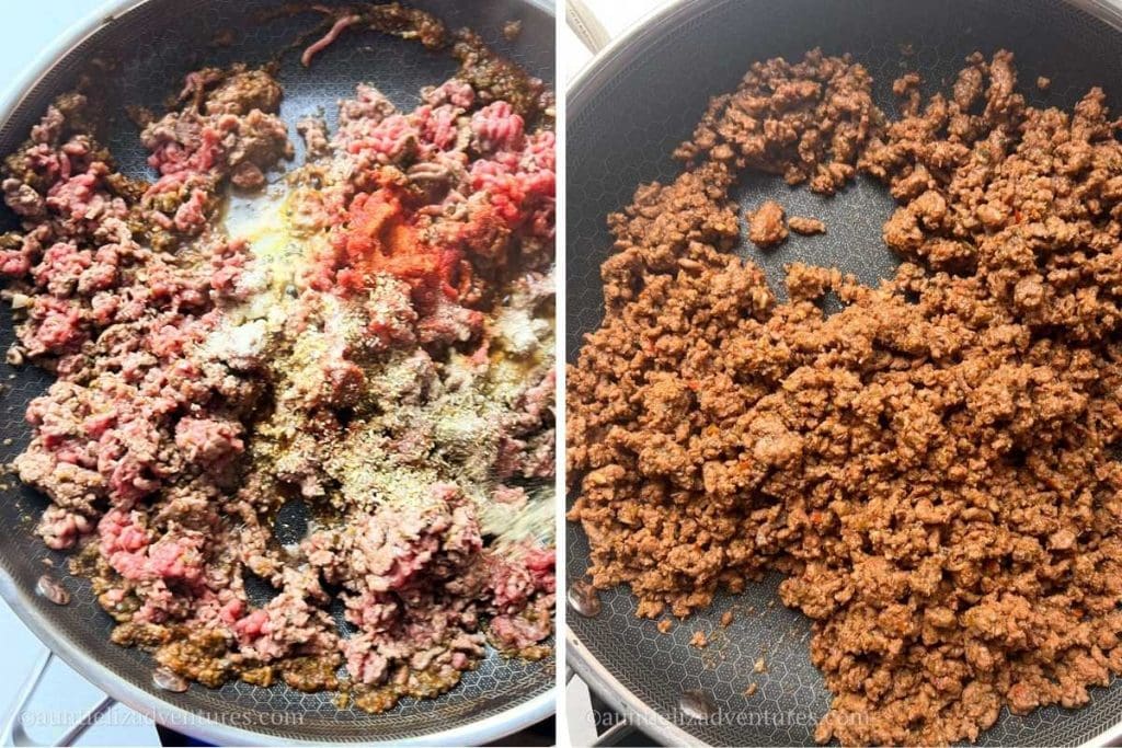 left-ground beef and spices being cooked in skillet, right-finished ground beef filling in skillet